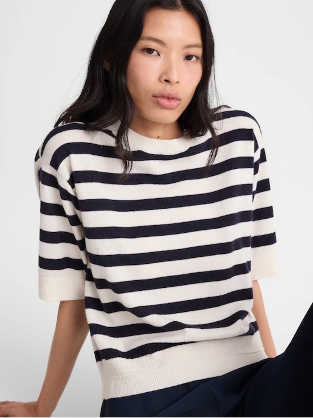 Madewell Relaxed Sweater Tee in 100% Cashmere navy ivory stripe NZ306 Sz M NWT